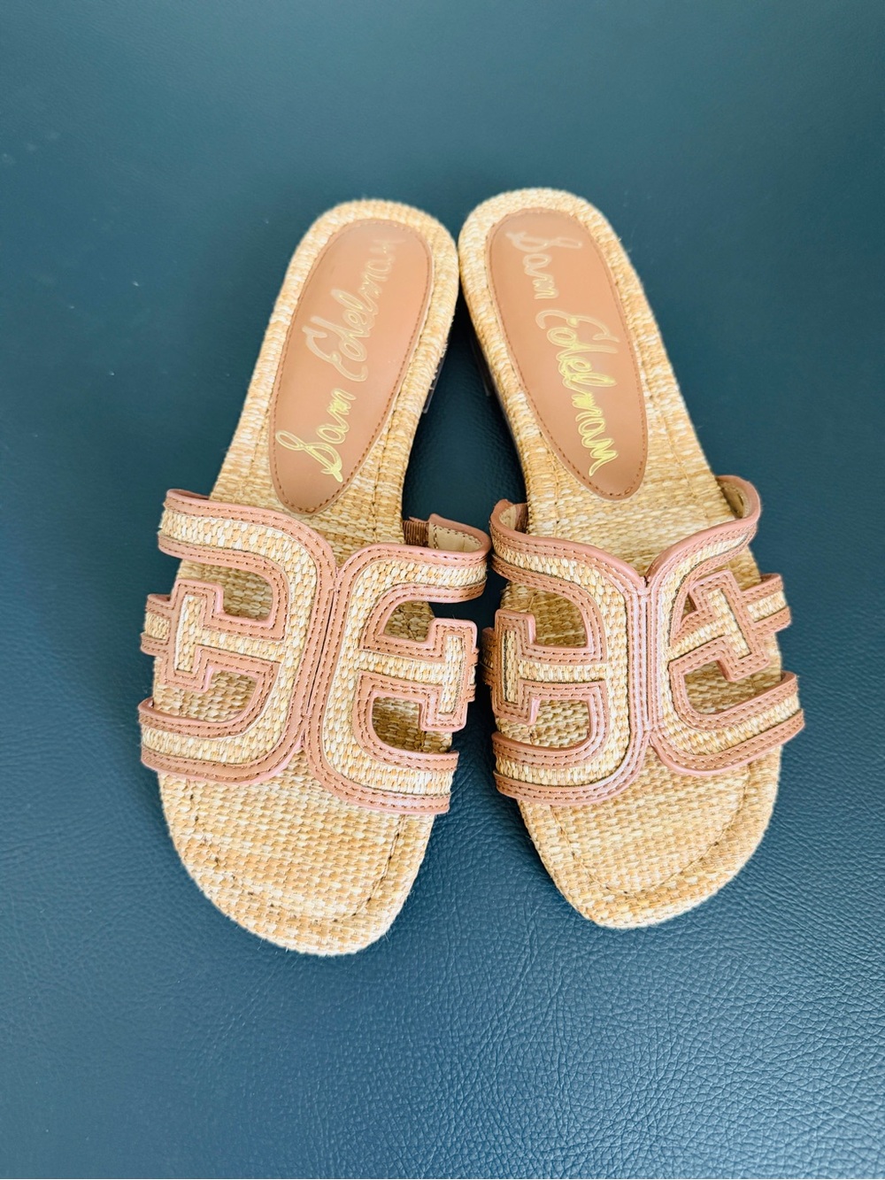 Sam Edelman Straw Slide Sandals in Brown Trim